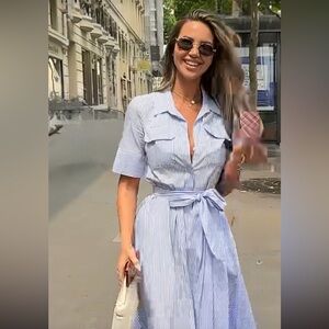 Zara Light Blue and White Striped Shirt Dress